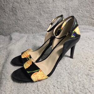 Cole Haan Grand OS Floral Ankle Strap Heels All Leather Black Womens 10.5‎ NEW